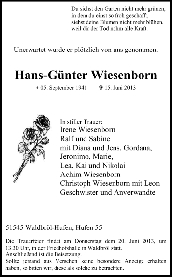 Anzeige von Hans-Günter Wiesenborn von Kölner Stadt-Anzeiger / Kölnische Rundschau / Express