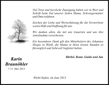 Anzeige von Karin Braunöhler von Kölner Stadt-Anzeiger / Kölnische Rundschau / Express