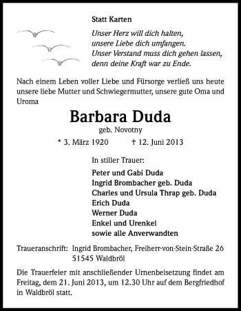 Anzeige von Barbara Duda von Kölner Stadt-Anzeiger / Kölnische Rundschau / Express
