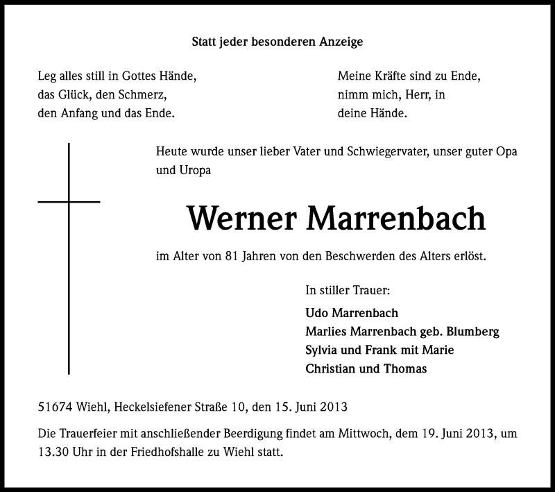  Traueranzeige für Werner Marrenbach vom 18.06.2013 aus Kölner Stadt-Anzeiger / Kölnische Rundschau / Express