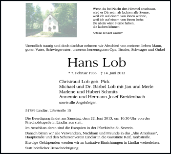 Anzeige von Hans Lob von Kölner Stadt-Anzeiger / Kölnische Rundschau / Express