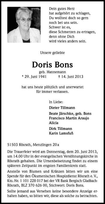 Anzeige von Doris Bons von Kölner Stadt-Anzeiger / Kölnische Rundschau / Express
