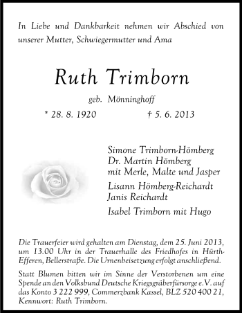 Anzeige von Ruth Trimborn von Kölner Stadt-Anzeiger / Kölnische Rundschau / Express