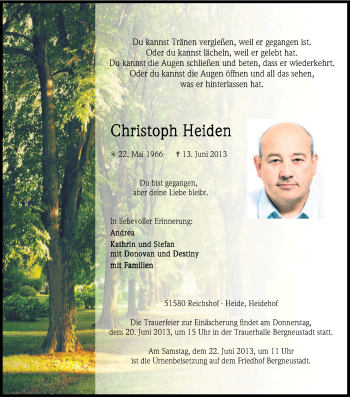 Anzeige von Christoph Heiden von Kölner Stadt-Anzeiger / Kölnische Rundschau / Express