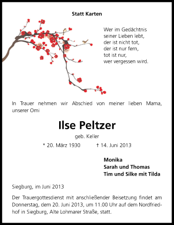 Anzeige von Ilse Peltzer von Kölner Stadt-Anzeiger / Kölnische Rundschau / Express