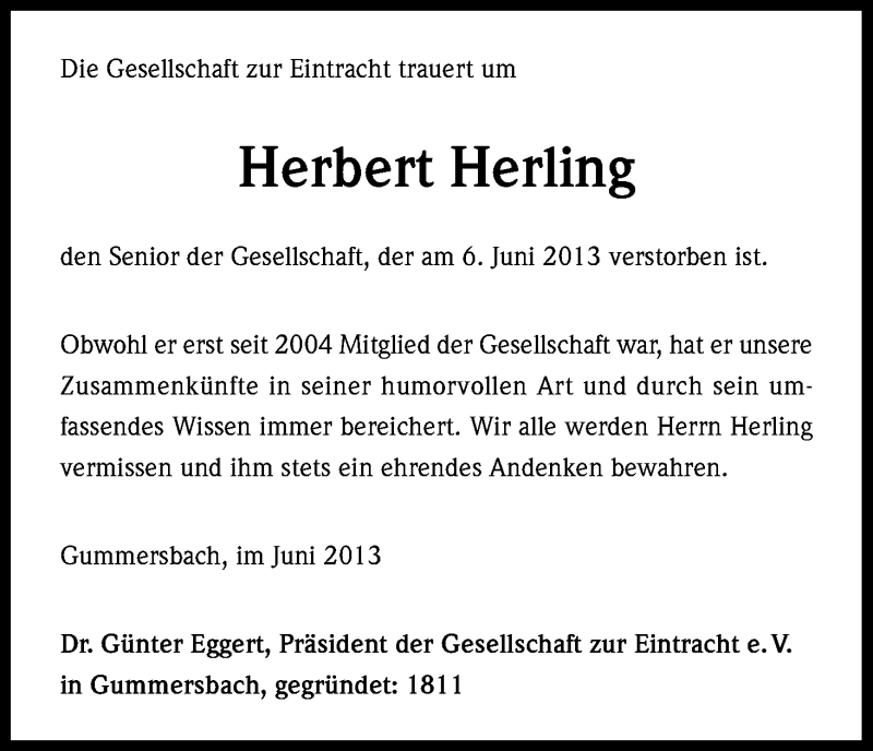  Traueranzeige für Herbert Herling vom 19.06.2013 aus Kölner Stadt-Anzeiger / Kölnische Rundschau / Express