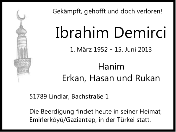 Anzeige von Ibrahim Demirci von Kölner Stadt-Anzeiger / Kölnische Rundschau / Express