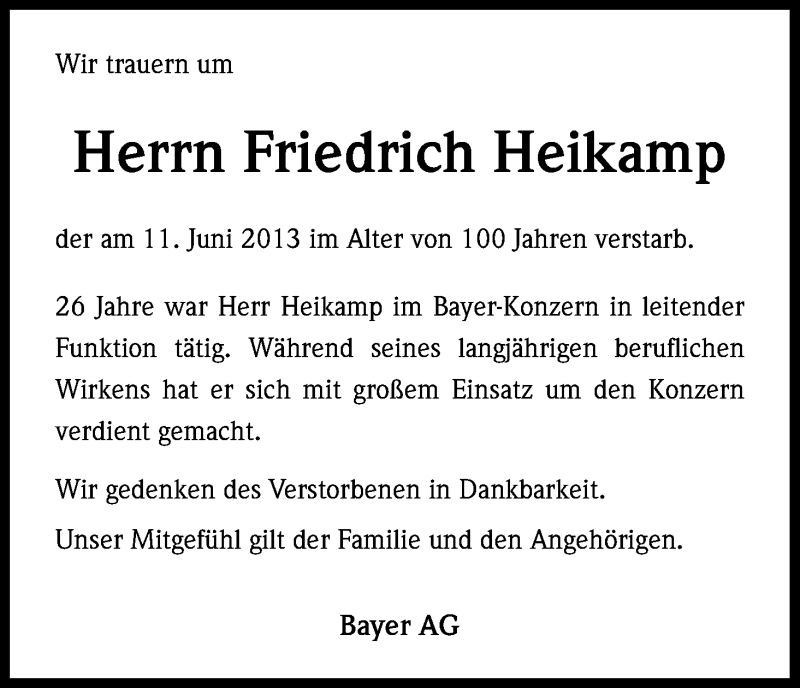  Traueranzeige für Friedrich Heikamp vom 18.06.2013 aus Kölner Stadt-Anzeiger / Kölnische Rundschau / Express