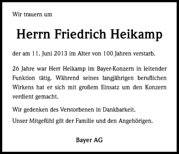Anzeige von Friedrich Heikamp von Kölner Stadt-Anzeiger / Kölnische Rundschau / Express