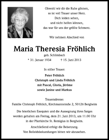 Anzeige von Maria Theresia Fröhlich von Kölner Stadt-Anzeiger / Kölnische Rundschau / Express