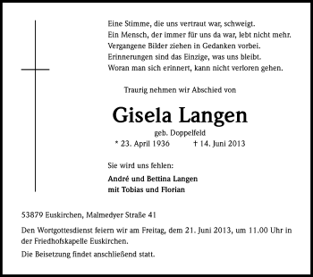 Anzeige von Gisela Langen von Kölner Stadt-Anzeiger / Kölnische Rundschau / Express