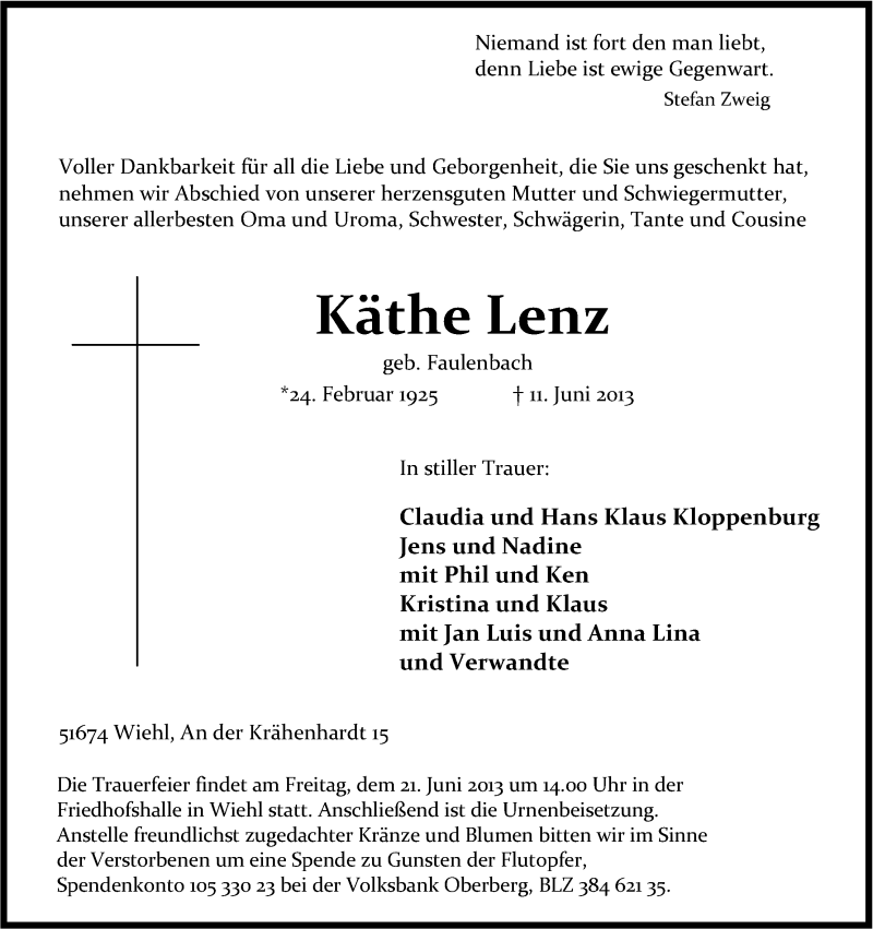  Traueranzeige für Käthe Lenz vom 19.06.2013 aus Kölner Stadt-Anzeiger / Kölnische Rundschau / Express