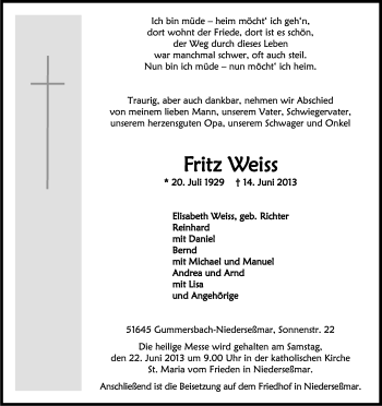 Anzeige von Fritz Weiss von Kölner Stadt-Anzeiger / Kölnische Rundschau / Express