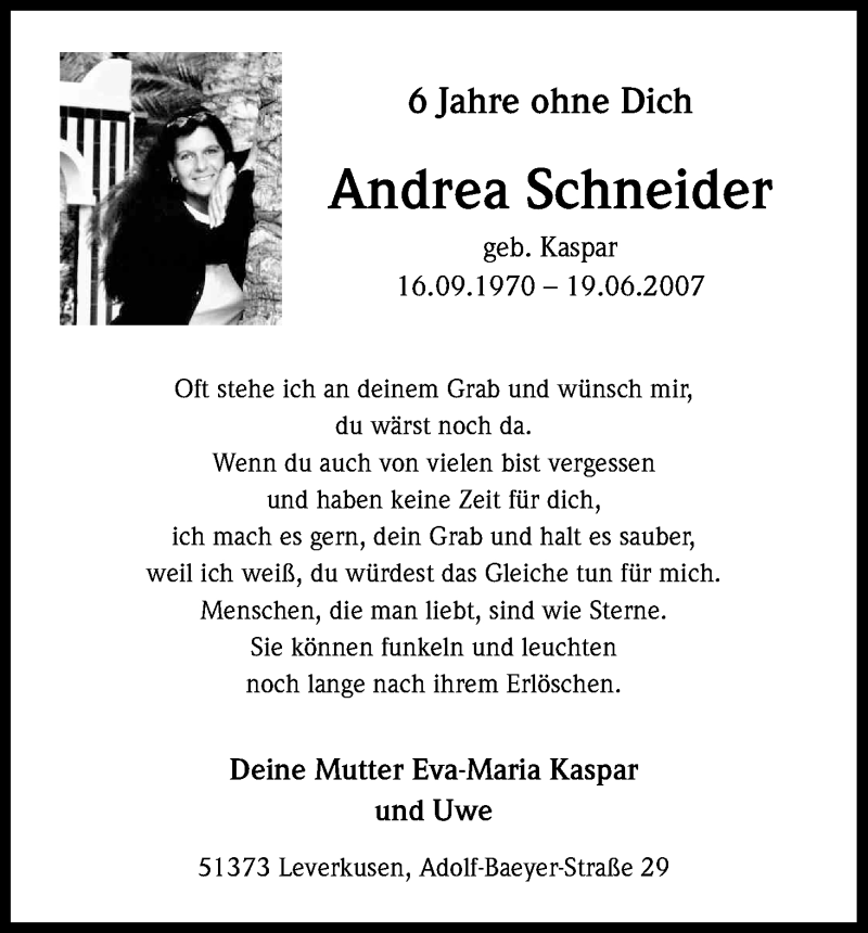  Traueranzeige für Andrea Schneider vom 19.06.2013 aus Kölner Stadt-Anzeiger / Kölnische Rundschau / Express