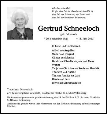 Anzeige von Gertrud Schneeloch von Kölner Stadt-Anzeiger / Kölnische Rundschau / Express