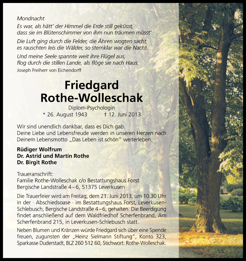  Traueranzeige für Friedgard Rothe-Wolleschak vom 18.06.2013 aus Kölner Stadt-Anzeiger / Kölnische Rundschau / Express