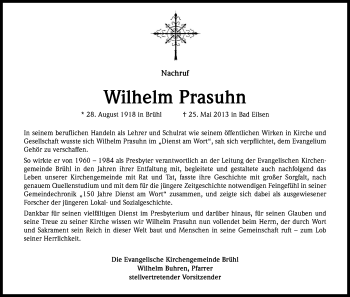 Anzeige von Wilhelm Prasuhn von Kölner Stadt-Anzeiger / Kölnische Rundschau / Express