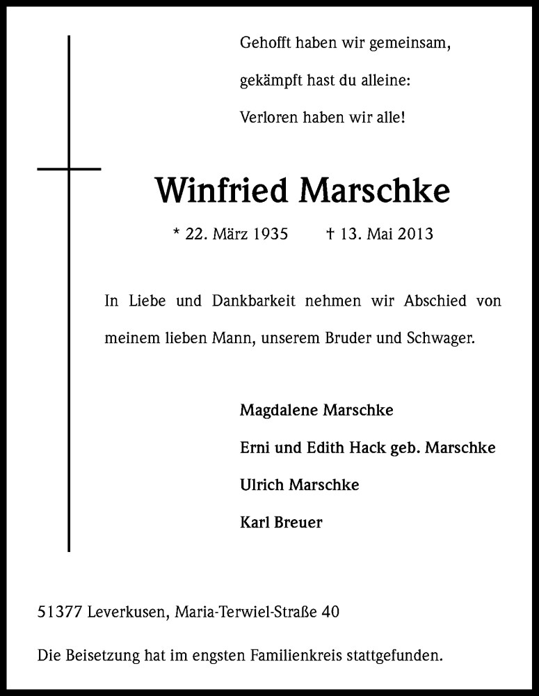  Traueranzeige für Winfried Marschke vom 19.06.2013 aus Kölner Stadt-Anzeiger / Kölnische Rundschau / Express