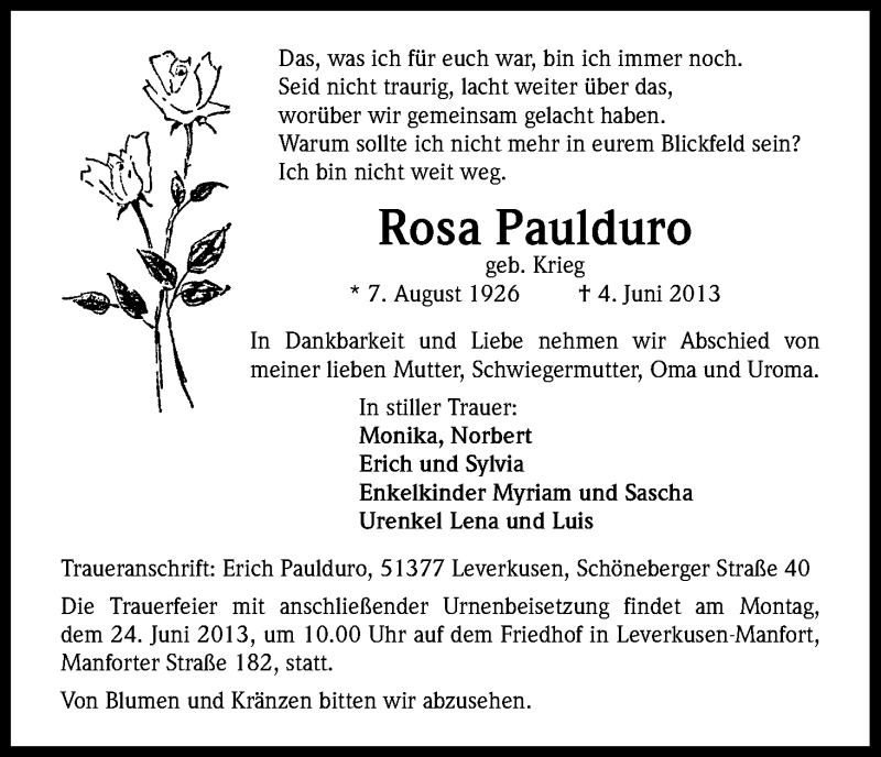  Traueranzeige für Rosa Paulduro vom 19.06.2013 aus Kölner Stadt-Anzeiger / Kölnische Rundschau / Express
