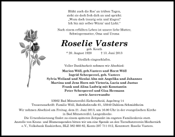 Anzeige von Roselie Vasters von Kölner Stadt-Anzeiger / Kölnische Rundschau / Express