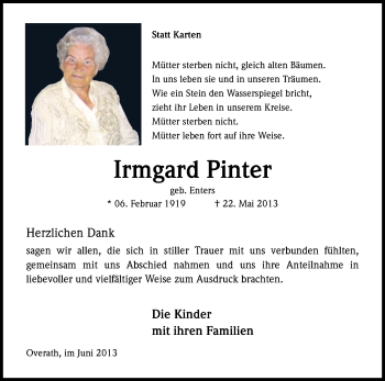 Anzeige von Irmgard Pinter von Kölner Stadt-Anzeiger / Kölnische Rundschau / Express