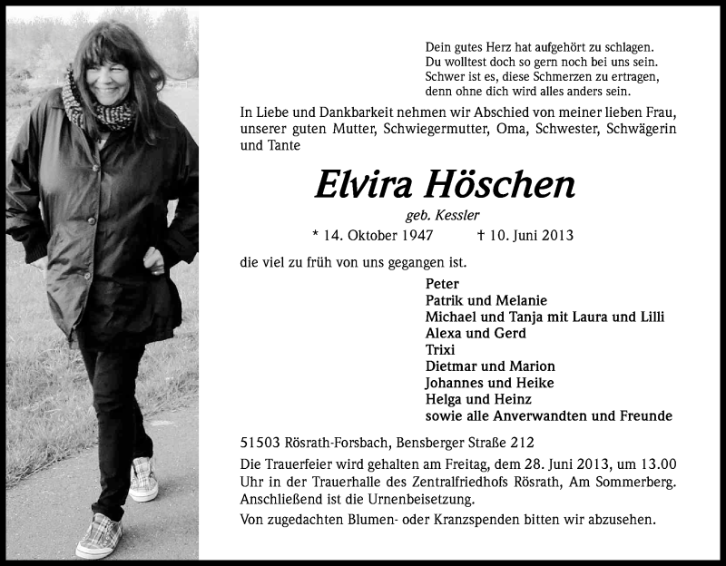  Traueranzeige für Elvira Höschen vom 22.06.2013 aus Kölner Stadt-Anzeiger / Kölnische Rundschau / Express