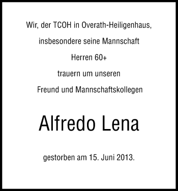 Anzeige von Alfredo Lena von Kölner Stadt-Anzeiger / Kölnische Rundschau / Express