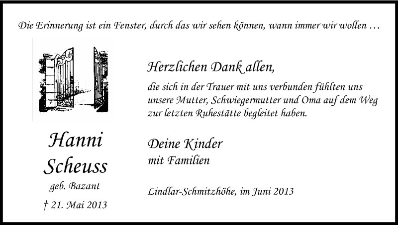  Traueranzeige für Hanni Scheuss vom 22.06.2013 aus Kölner Stadt-Anzeiger / Kölnische Rundschau / Express