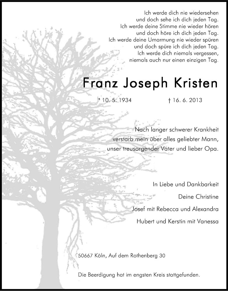  Traueranzeige für Franz Joseph Kristen vom 24.06.2013 aus Kölner Stadt-Anzeiger / Kölnische Rundschau / Express