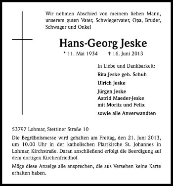 Anzeige von Hans-Georg Jeske von Kölner Stadt-Anzeiger / Kölnische Rundschau / Express