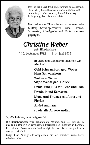 Anzeige von Christine Weber von Kölner Stadt-Anzeiger / Kölnische Rundschau / Express