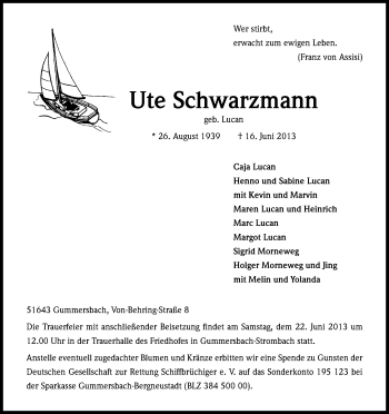 Anzeige von Ute Schwarzmann von Kölner Stadt-Anzeiger / Kölnische Rundschau / Express