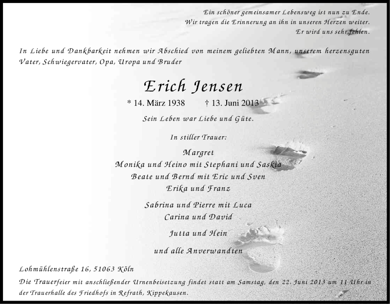  Traueranzeige für Erich Jensen vom 19.06.2013 aus Kölner Stadt-Anzeiger / Kölnische Rundschau / Express