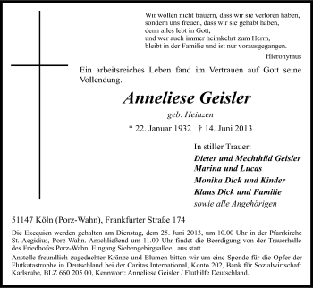 Anzeige von Anneliese Geisler von Kölner Stadt-Anzeiger / Kölnische Rundschau / Express