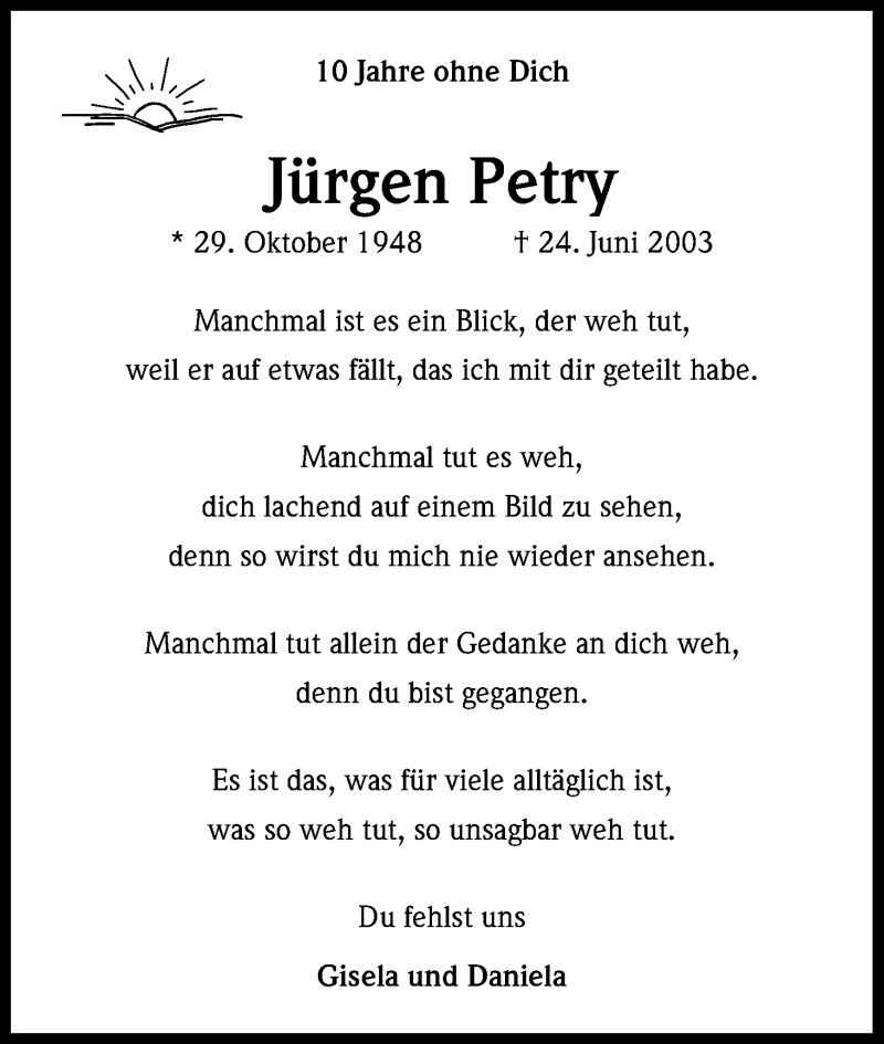  Traueranzeige für Jürgen Petry vom 24.06.2013 aus Kölner Stadt-Anzeiger / Kölnische Rundschau / Express