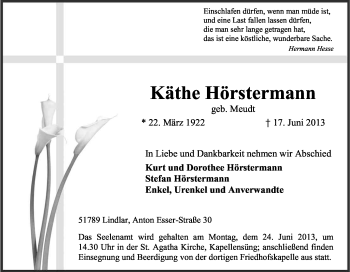 Anzeige von Käthe Hörstermann von Kölner Stadt-Anzeiger / Kölnische Rundschau / Express