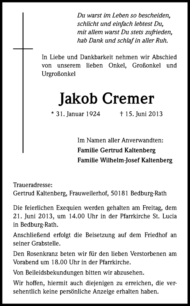  Traueranzeige für Jakob Cremer vom 19.06.2013 aus Kölner Stadt-Anzeiger / Kölnische Rundschau / Express