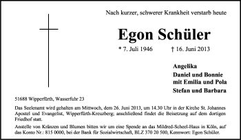 Anzeige von Egon Schüler von Kölner Stadt-Anzeiger / Kölnische Rundschau / Express
