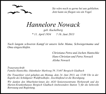 Anzeige von Hannelore Nowack von Kölner Stadt-Anzeiger / Kölnische Rundschau / Express