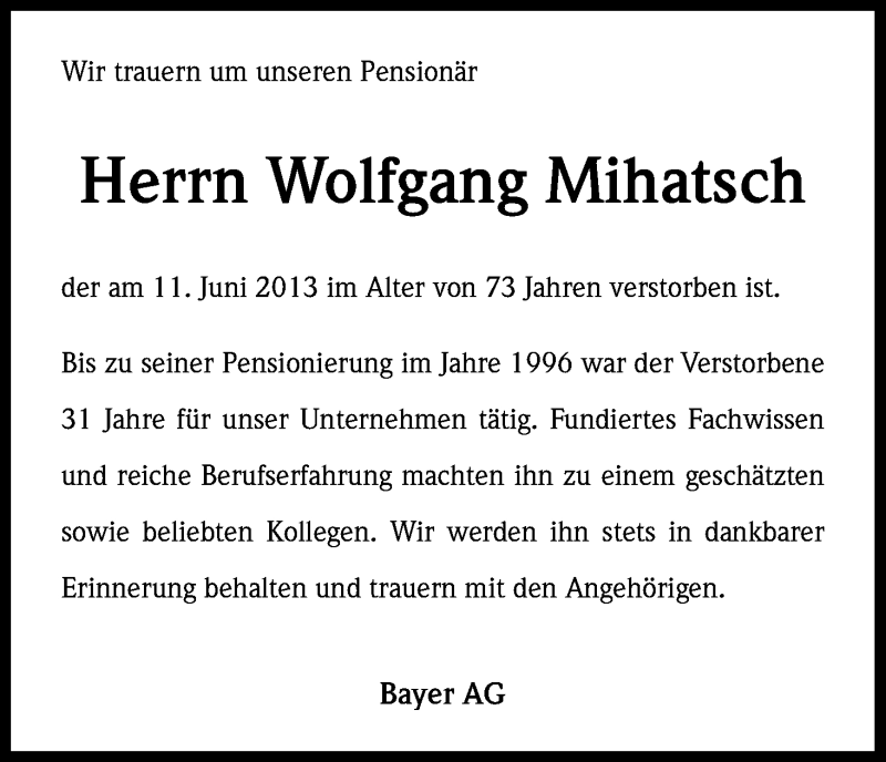 Traueranzeige für Wolfgang Mihatsch vom 19.06.2013 aus Kölner Stadt-Anzeiger / Kölnische Rundschau / Express