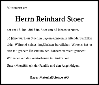 Anzeige von Reinhard Stoer von Kölner Stadt-Anzeiger / Kölnische Rundschau / Express