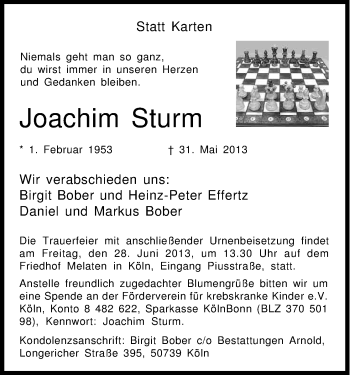 Anzeige von Joachim Sturm von Kölner Stadt-Anzeiger / Kölnische Rundschau / Express