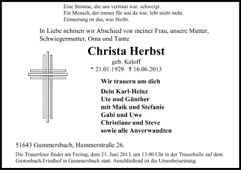 Anzeige von Christa Herbst von Kölner Stadt-Anzeiger / Kölnische Rundschau / Express