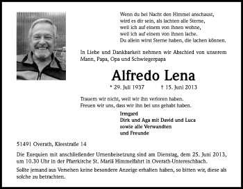 Anzeige von Alfredo Lena von Kölner Stadt-Anzeiger / Kölnische Rundschau / Express