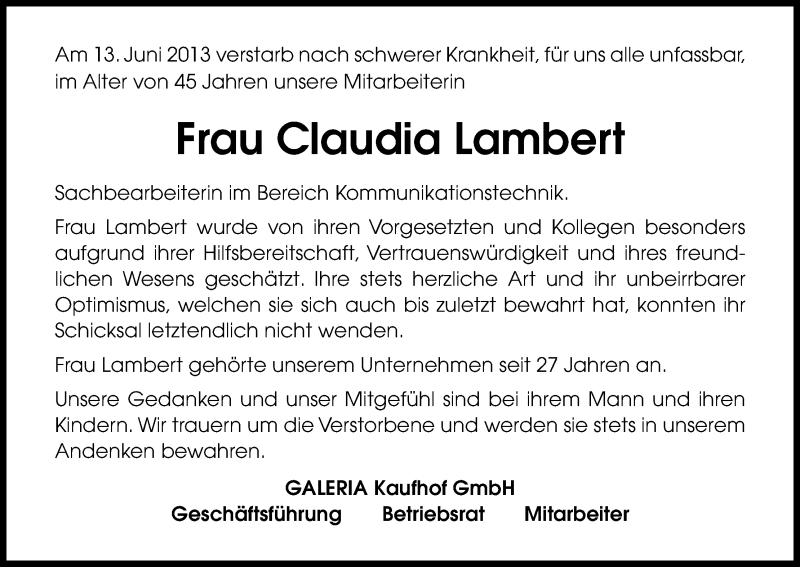  Traueranzeige für Claudia Lambert vom 22.06.2013 aus Kölner Stadt-Anzeiger / Kölnische Rundschau / Express