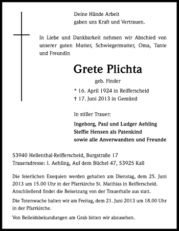 Anzeige von Grete Plichta von Kölner Stadt-Anzeiger / Kölnische Rundschau / Express