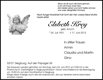 Anzeige von Elsbeth Krey von Kölner Stadt-Anzeiger / Kölnische Rundschau / Express