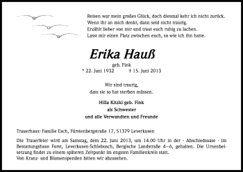 Anzeige von Erika Hauß von Kölner Stadt-Anzeiger / Kölnische Rundschau / Express