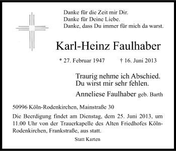 Anzeige von Karl-Heinz Faulhaber von Kölner Stadt-Anzeiger / Kölnische Rundschau / Express