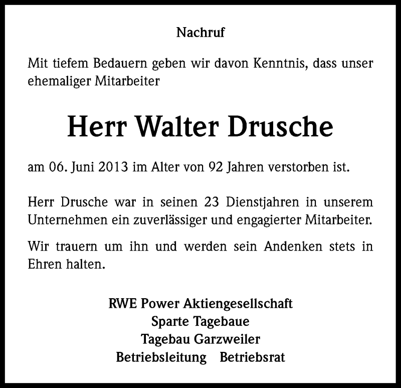  Traueranzeige für Walter Drusche vom 19.06.2013 aus Kölner Stadt-Anzeiger / Kölnische Rundschau / Express